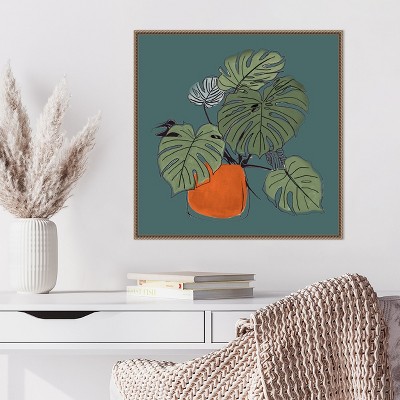 Retro Potted Plant on Teal Canvas Wall Art with Bronze Frame