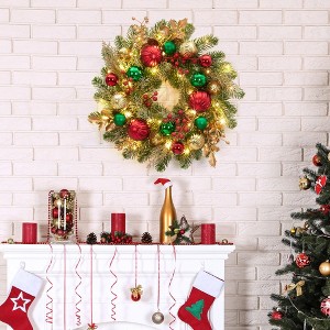 Prelit Christmas Wreath for Front Door, 16 Inch Small Artificial Xmas Wreath with 30 LED Lights Red Green Gold Ball Ornaments - 1 of 4