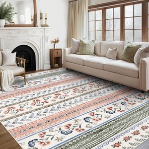 Flower Line Rug,Machine Washable Low-Pile Non-Slip Floral Area Carpet for Kids Room, Living Room, Bedroom, Contemporary Boho Accent Decor - 1 of 4