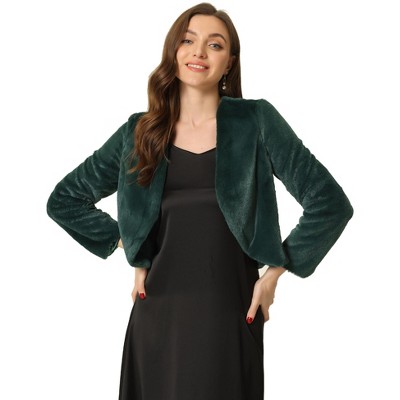 INSPIRE CHIC Women's Long Sleeve Open Front Cropped Winter Faux Fur Jacket
