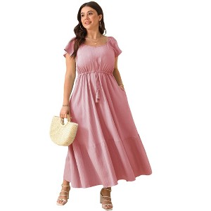 Clearlove Women Plus Size Summer Maxi Dress Short Sleeves High Waist Ruffle Casual Dress with Pockets - 1 of 4