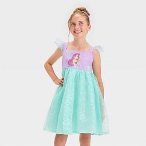 Girls' Disney Princess Ariel Puff Cap Sleeve Dress - Mint Green/Purple - 1 of 4