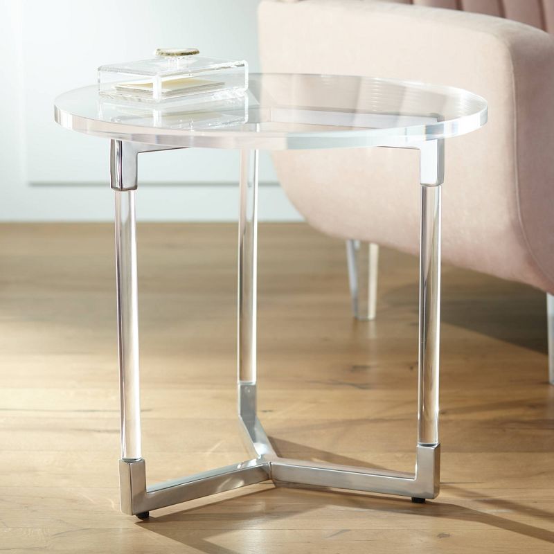 Studio 55D Modern Acrylic Chrome Round Accent Side End Table 22" Wide Clear Silver Tempered Glass Top for Living Room Home House, 2 of 9