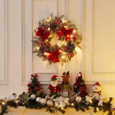 24" Pre-Lit Christmas Wreath,Artificial Christmas Wreath with Bow Ribbon, Pinecones, Berries and Ball Ornaments,Led Lights Xmas Wreath for Home Decor