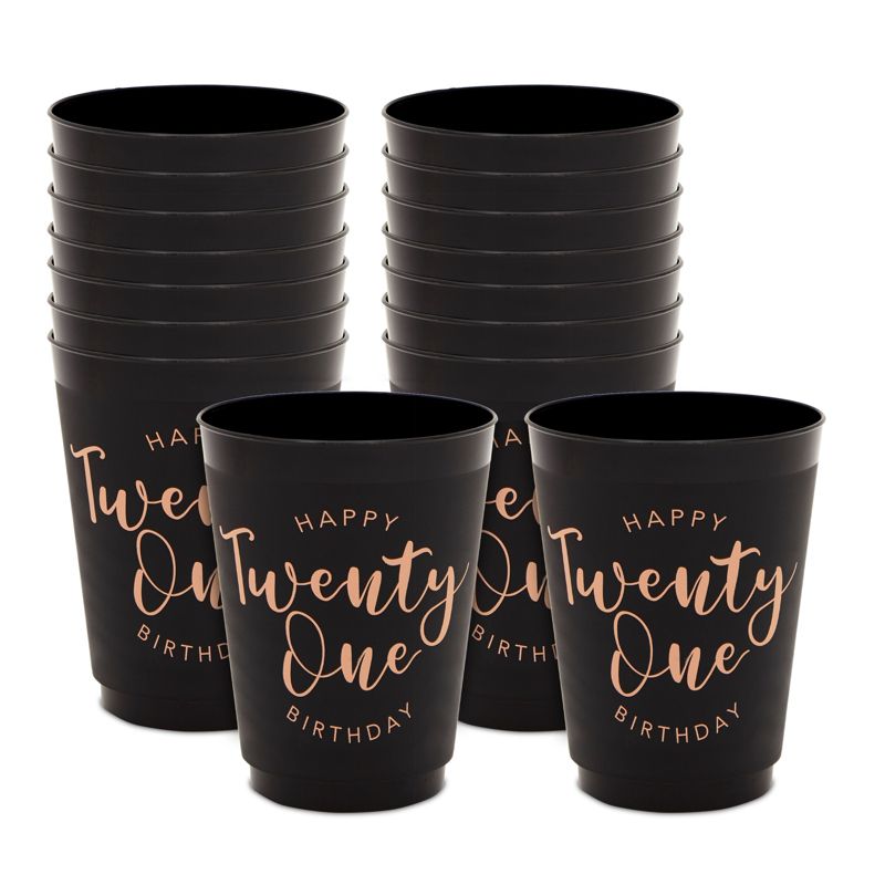 Sparkle and Bash 16 Pack Twenty One Plastic Tumblers Cups 16 oz for 21st Birthday Party Supplies, Black & Gold, 1 of 7