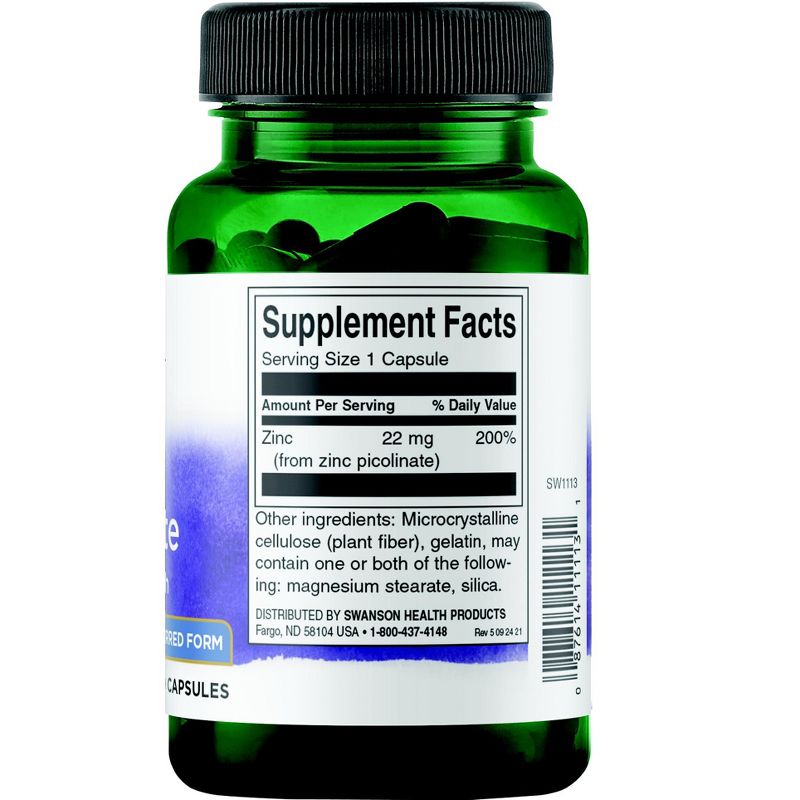 Swanson Mineral Supplements Zinc Picolinate - Body Preferred Form 22 mg Capsule 60ct, 2 of 7