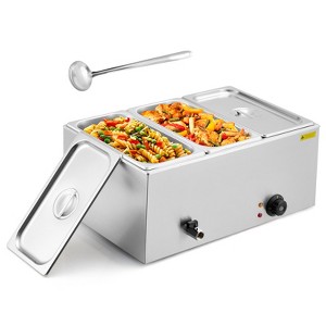 3-Pan 21QT Commercial Food Warmer, 7 QT/Pan Stainless Steel Bain Marie Steam Table Countertop Soup Station with Temper Control Drainage Faucet & Lid - 1 of 4