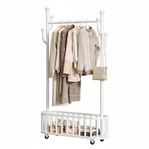Rolling Clothes Rack with Wheels – Metal Standing Garment Rack, Storage Shelf & 4 Hooks, Hanger Rack for Bedroom Closet & Living Room - 1 of 4