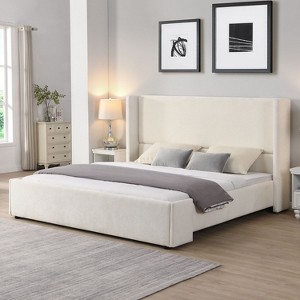 KTMBDW Elegant Bed Frame/Wingback Headboard/Upholstered Platform Bed/Strong Wooden Slats/No Box Spring Needed/Easy Assembly/White - 1 of 4