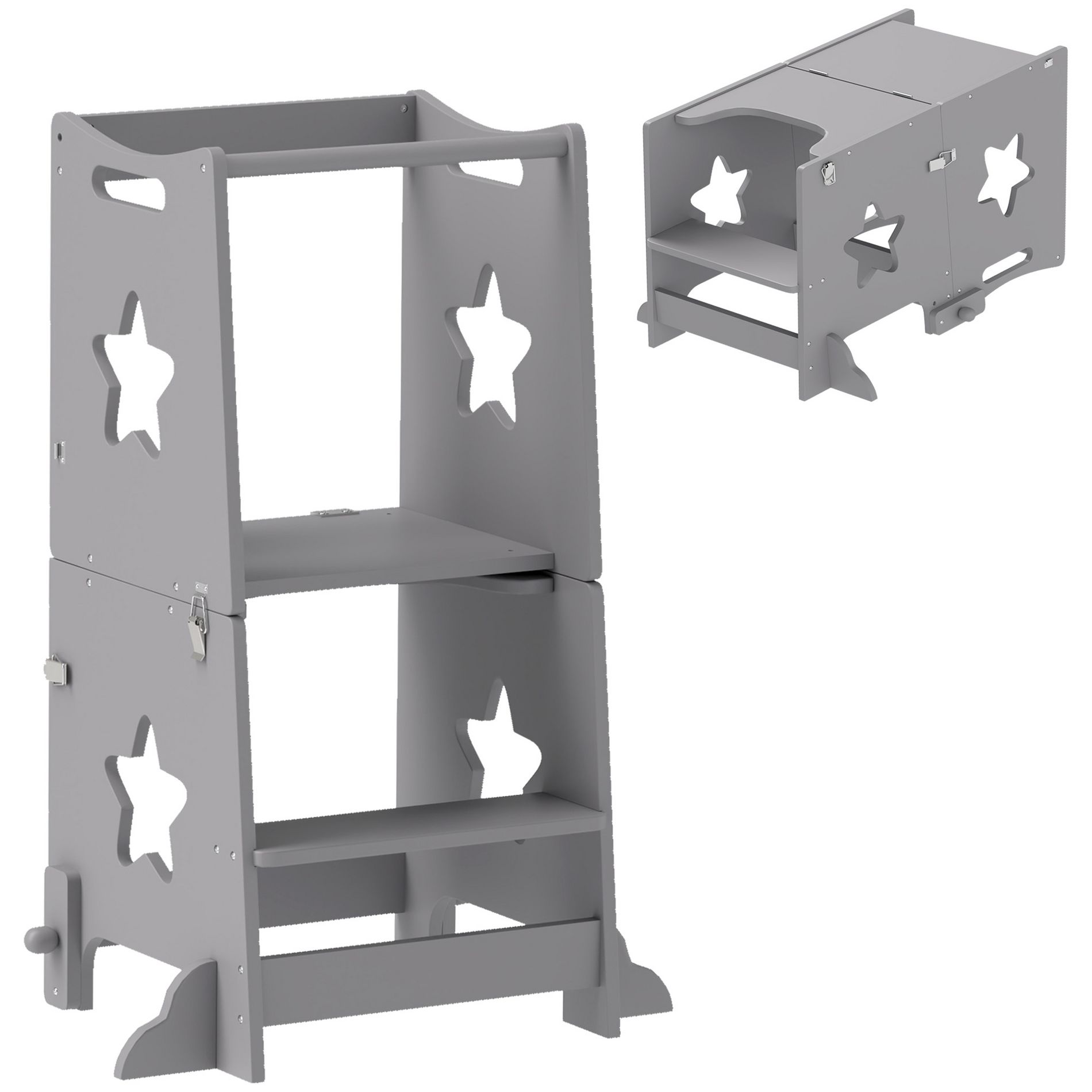 Qaba Toddler Tower, Toddler Step Stool, 2 in 1 Toddler Kitchen Stool Helper with Safety Rail for Bathroom, Sink, Kitchen or Counter, Gray