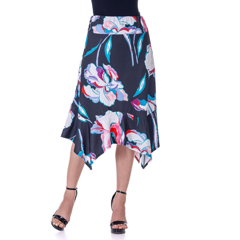 24seven Comfort Apparel Womens Elastic Waist Floral Knee Length Handkerchief Hemline Skirt, 1 of 7