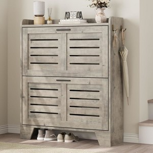Slim Shoe Cabinet for Entryway, Farmhouse 2-Drawer Flip-Down Shoe Organizer with Hooks & Ventilation, Fits Size 13 Shoes - 1 of 4