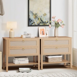 GustoWave Rattan Night Stand Set of 2,with 2 Rattan Drawers,Large Bedside Table Side Table with Open Storage Shelf, Farmhouse Nightstand - 1 of 4