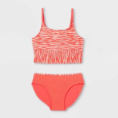 Girls' Pastel Zebra Print Ribbed Midkini Set - art class™ Coral