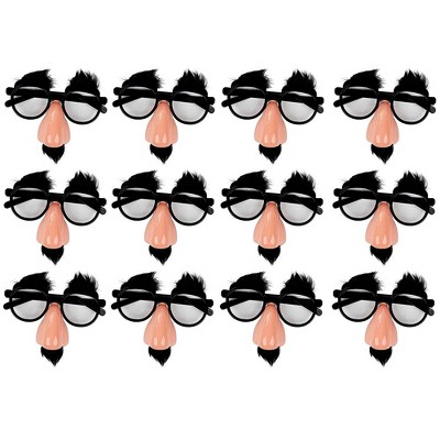 Disguise Glasses with Funny Nose - 12-Pack Funny Glasses with Eyebrows and Mustache, Party Favors for Costume, Halloween and Birthday Parties, 5.1x6"