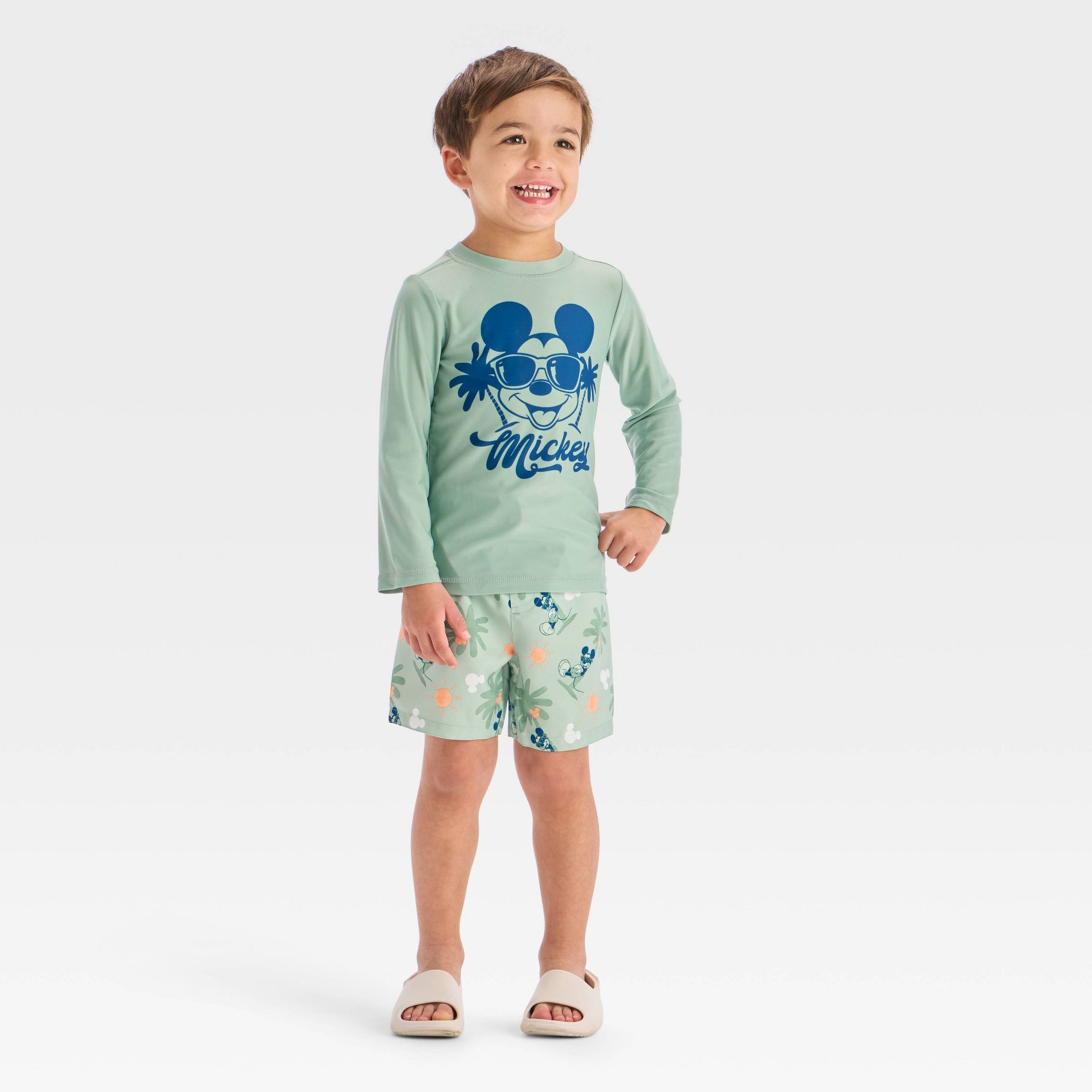 Toddler Boys' Mickey Mouse Palm Tree Rashguard Swim Set - Green 2T