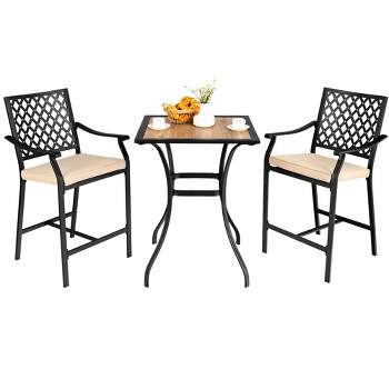 Costway 3 PCS Patio Bar Stool Square Table Bistro Set Cushioned Chairs Armrest