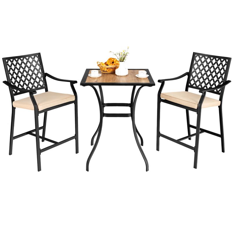 Costway 3 PCS Patio Bar Stool Square Table Bistro Set Cushioned Chairs Armrest, 1 of 11