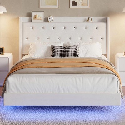 Floating Bed Frame with LED Lights, Upholstered Headboard, Storage Shelves, Heavy Duty Metal Slats, No Box Spring Needed, Noise Free, Easy Assembly