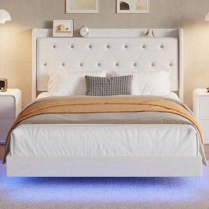 Floating Bed Frame with LED Lights, Upholstered Headboard, Storage Shelves, Heavy Duty Metal Slats, No Box Spring Needed, Noise Free, Easy Assembly - 1 of 4