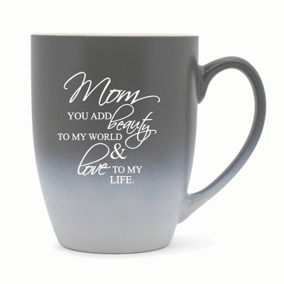 Elanze Designs Mom You Add Beauty To My World & Love To My Life Two Toned Ombre Matte 10 ounce New Bone China Coffee Tea Cup Mug, Gray and White