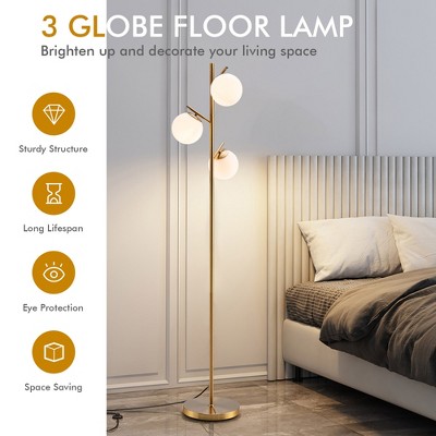 Golden 3-Globe Floor Lamp with Glass Shades and Foot Switch