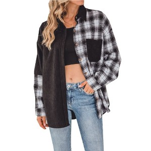 Women's Plaid Long Sleeve Shirt Loose Fit Casual Button Down Top Front Pocket Shirt - 1 of 4