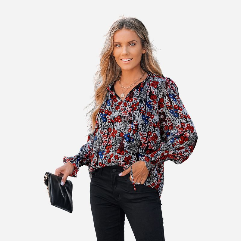 Women's Floral Print V-Neck Trumpet Sleeve Top - Cupshe, 1 of 5