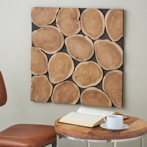 Olivia & May 24"x24" Teak Wood Abstract Handmade Mosaic Inspired Wood Slab Wall Decor with Black Backing Brown: Modern Style - 1 of 4