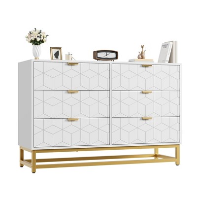6 Drawer Dresser with Wide Storage, Wood Chest Organizer with Metal Legs, Modern Dresser for Bedroom, Living Room