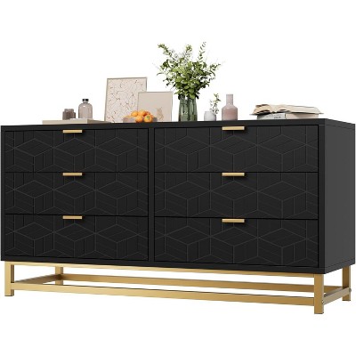 Dresser for Bedroom, 6 Drawer Dresser Organizer with Golden Metal Handle and Legs,Black