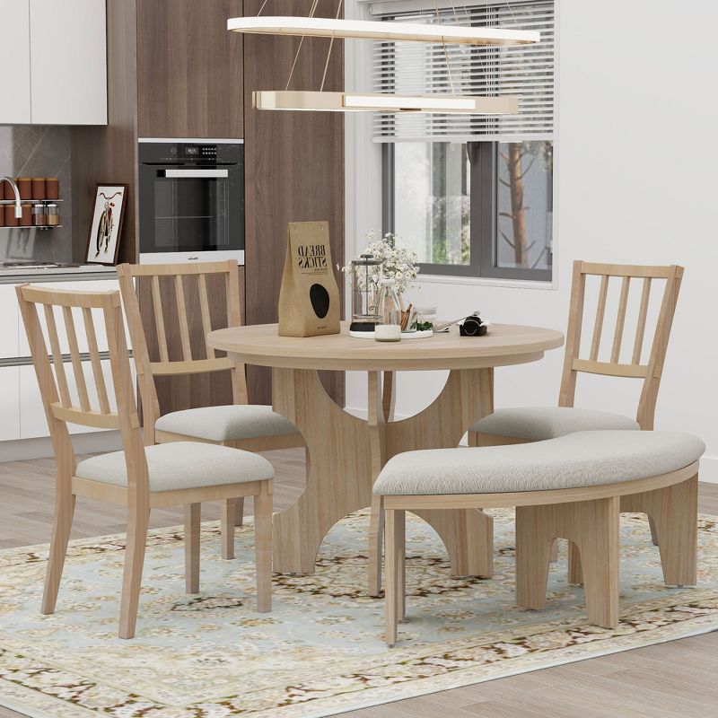 5 PCS Dining Table Set, Round Dining Table with Curved Bench & Side Chairs-ModernLuxe, 2 of 14