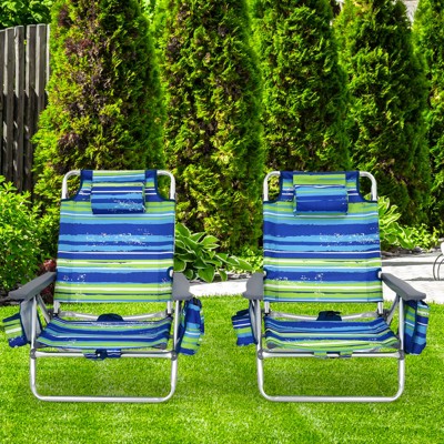 Blue and Green Striped Aluminum Folding Beach Chairs with Arms