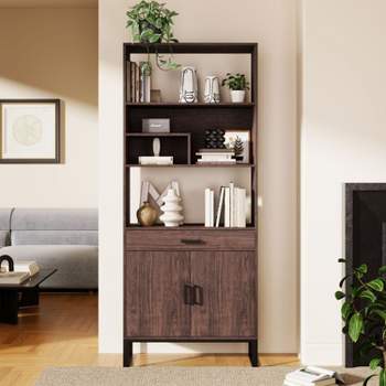 75.9"Modern Open Bookshelf with Doors, Bookcase with Storage drawer and LED Strip Lights,Free Standing Display Rack,Wooden Tall Bookshelf-The Pop Home