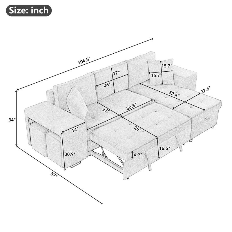 104" Pull Out Sleeper Sofa, Reversible L-Shape Sectional Couch with Storage Chaise and 2 Stools-ModernLuxe, 3 of 15
