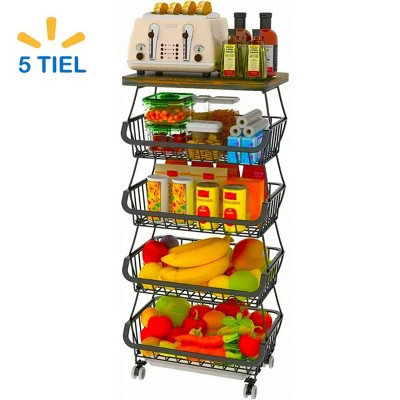 SEVOBAL Kitchen Holder Metal Baskets with Wheels Stackable Storage Organizer for Dining Room Bathroom Office Fruit Cart, Black, 15.99"*12.09"*6.63"
