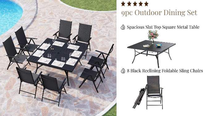 Captiva Designs 9pc Spacious Slat Top Square Metal Table with Umbrella Hole & 8 Reclining Foldable Chairs Outdoor Patio Dining Set, 2 of 14, play video