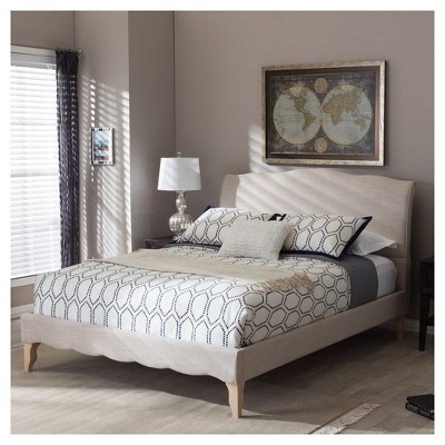 Queen Beige Linen Upholstered Platform Bed with Rubberwood Frame