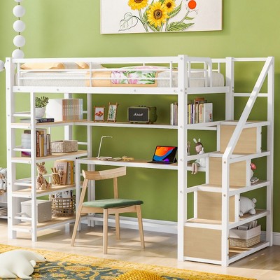 NicBex Twin Size Bunk Bed with Desk Metal Frame Bed Frame with Storage Racks, Stairs, Guardrails, No Box Spring Required, Space Saving, White