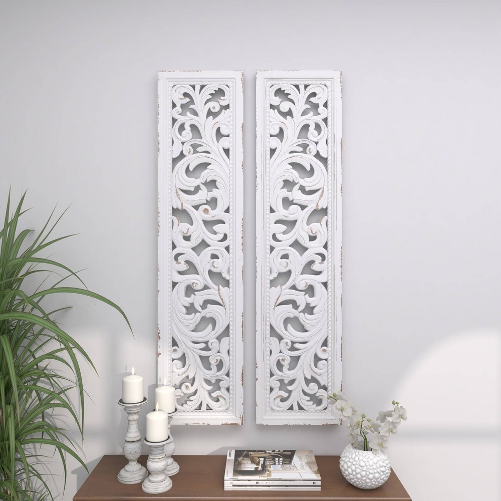 Photos - Wallpaper Set of 2 Wood Floral Intricately Carved Scroll Wall Decors White - Olivia