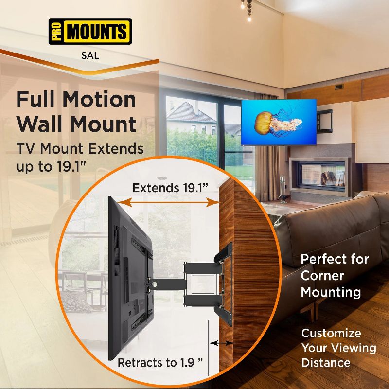 Promounts Full Motion TV Wall Mount for TVs 37" - 85" Up to 120 lbs, 3 of 6