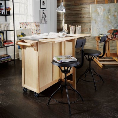 Natural Wood Kitchen Cart with Stainless Steel Top and Drop Leaf