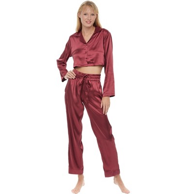 ADR Women's Crop Top Satin Pajamas Lounge Set, Long Sleeve Top and Pants with Pockets, Silk like PJs