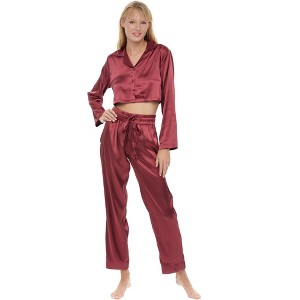 ADR Women's Crop Top Satin Pajamas Lounge Set, Long Sleeve Top and Pants with Pockets, Silk like PJs - 1 of 3