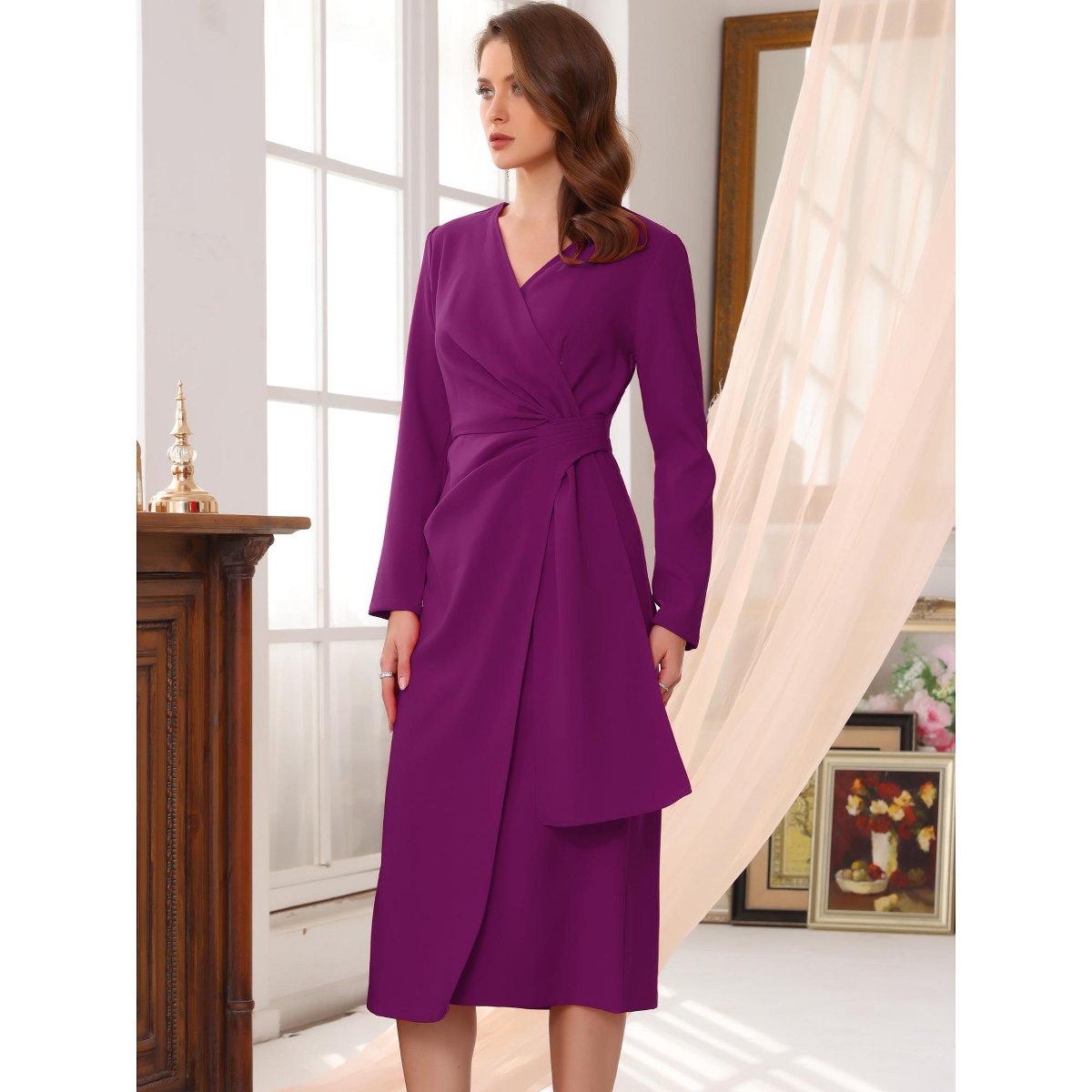 Женские платья INSPIRE CHIC Women's Cocktail Wrap Ruched V Neck Long Sleeve Elegant Formal Sheath Dresses Small Purple — фото 3