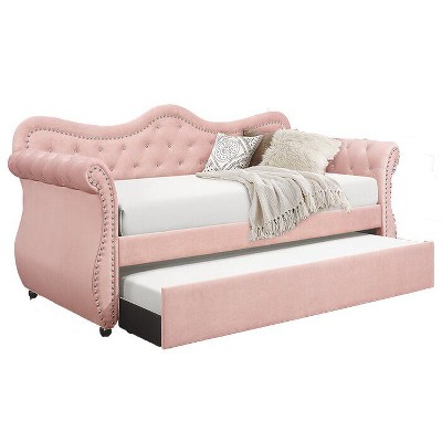 NicBex Daybed with Trundle, Upholstered Velvet Day Bed Frame with Crystal Tuftd Backrest, Sofa Bed with Nail Head Trim Design, Pink