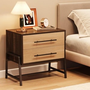 Mid Century Modern Nightstand with Unique Shape, Extended Drawer Handles, 2 Drawers & Metal Legs, Light Wood Side Table for Bedroom or Living Room - 1 of 4