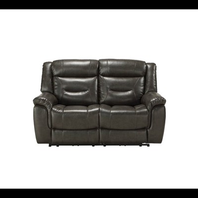 65" Gray Leather Tufted Power Motion Loveseat with Wood Frame