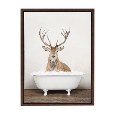 Whimsical Male Deer in Bathtub Brown Framed Canvas Art