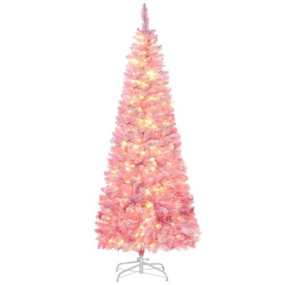 TopComfy Christmas Tree Stand 7.5FT Prelit Snow Flocked Pencil Tree with Realistic Branches for Holiday Decor, Pink, 31.5"*31.5"*88.5"